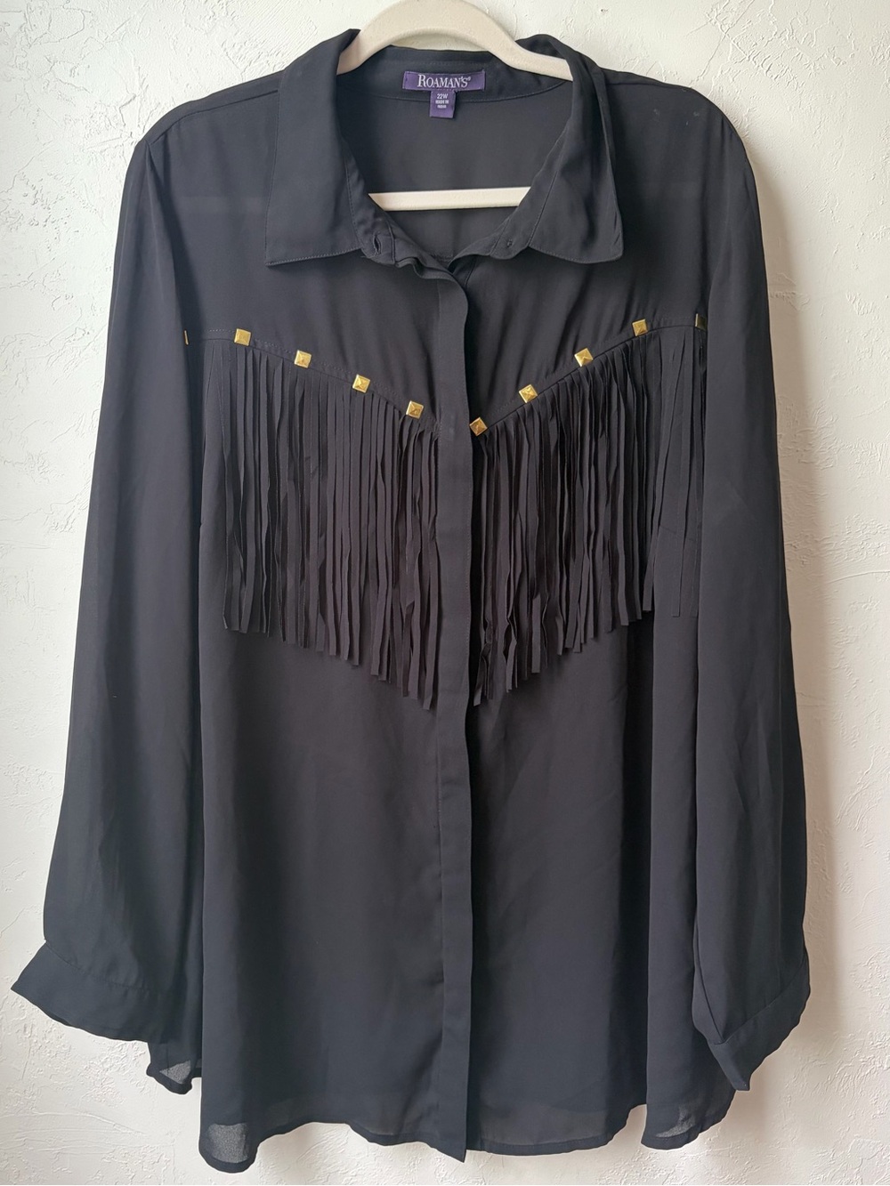 Roaman’s Black Semi-Sheer Fringe Western Blouse 22W